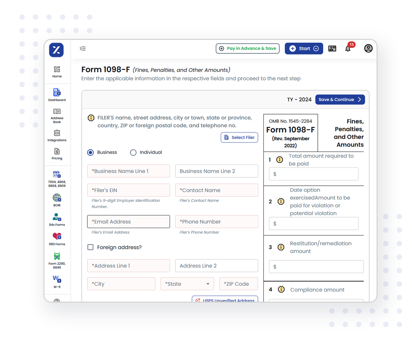 Filing 1098-F electronically with TaxZerone is quick and simple: